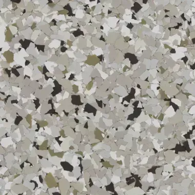 Epoxy floor with gray, white, black, and olive green flecks.
