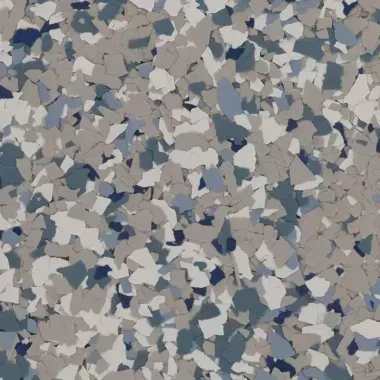 Flake flooring with gray, blue, and white chips.