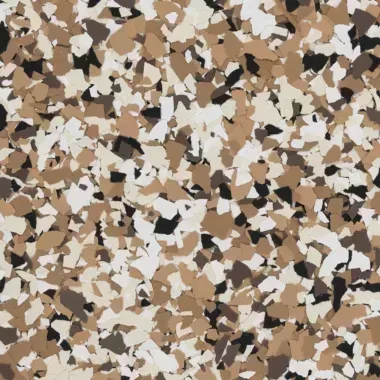 Brown, beige, and black speckled epoxy floor coating.