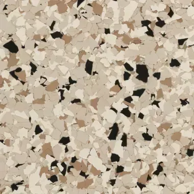 Multi-colored speckled floor coating in shades of tan, brown, and black.