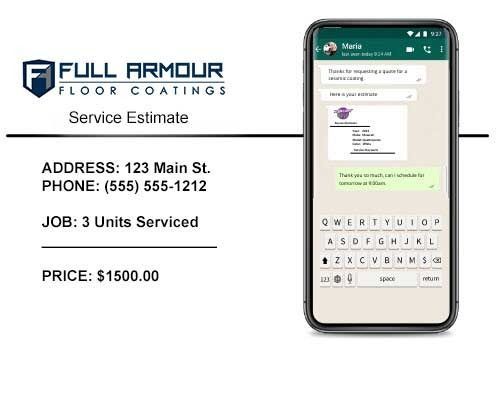 Service estimate from Full Armour Floor Coatings displayed on a phone screen with address, phone, job, and price.