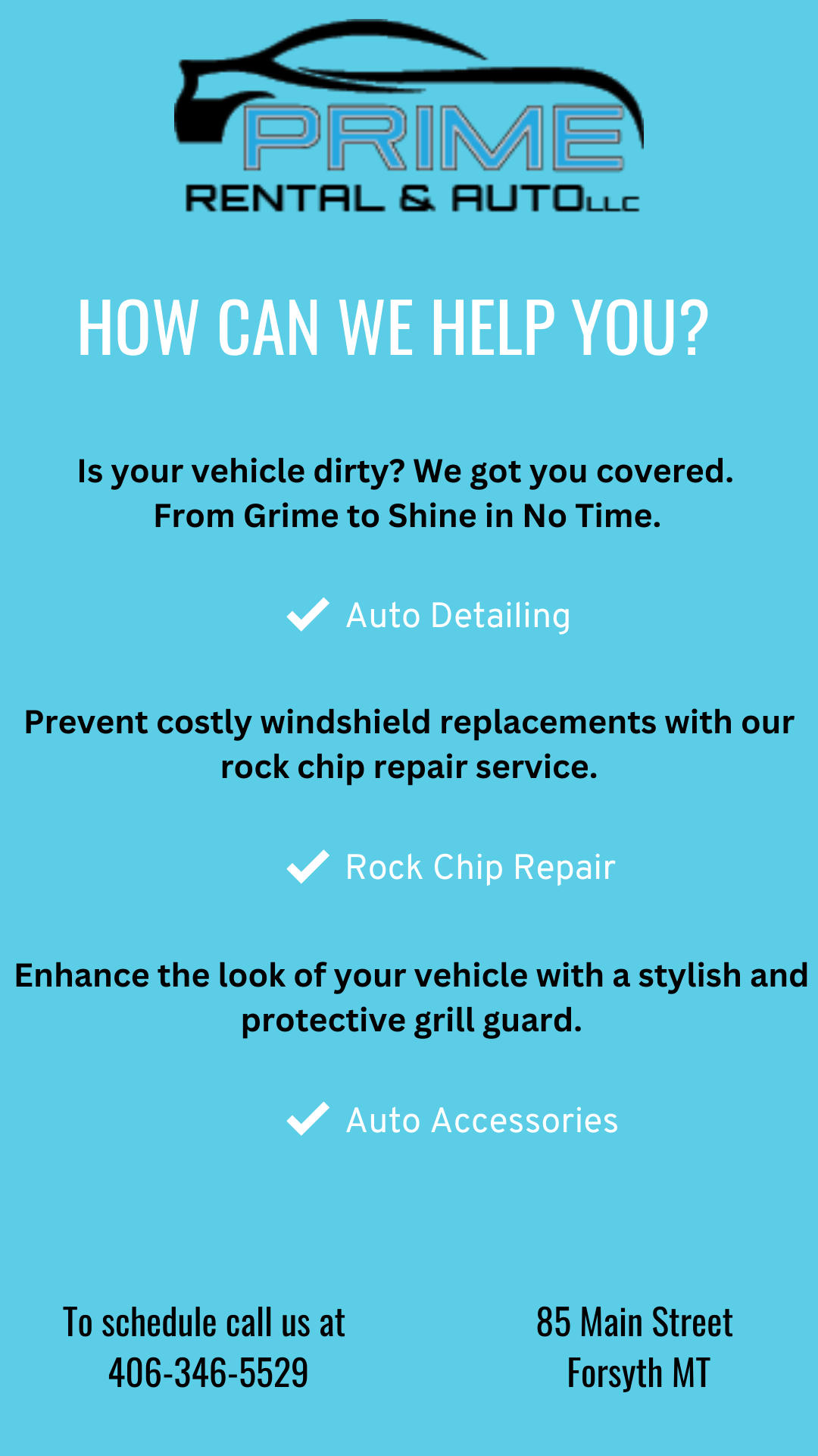 A blue flyer for prime rental and auto llc