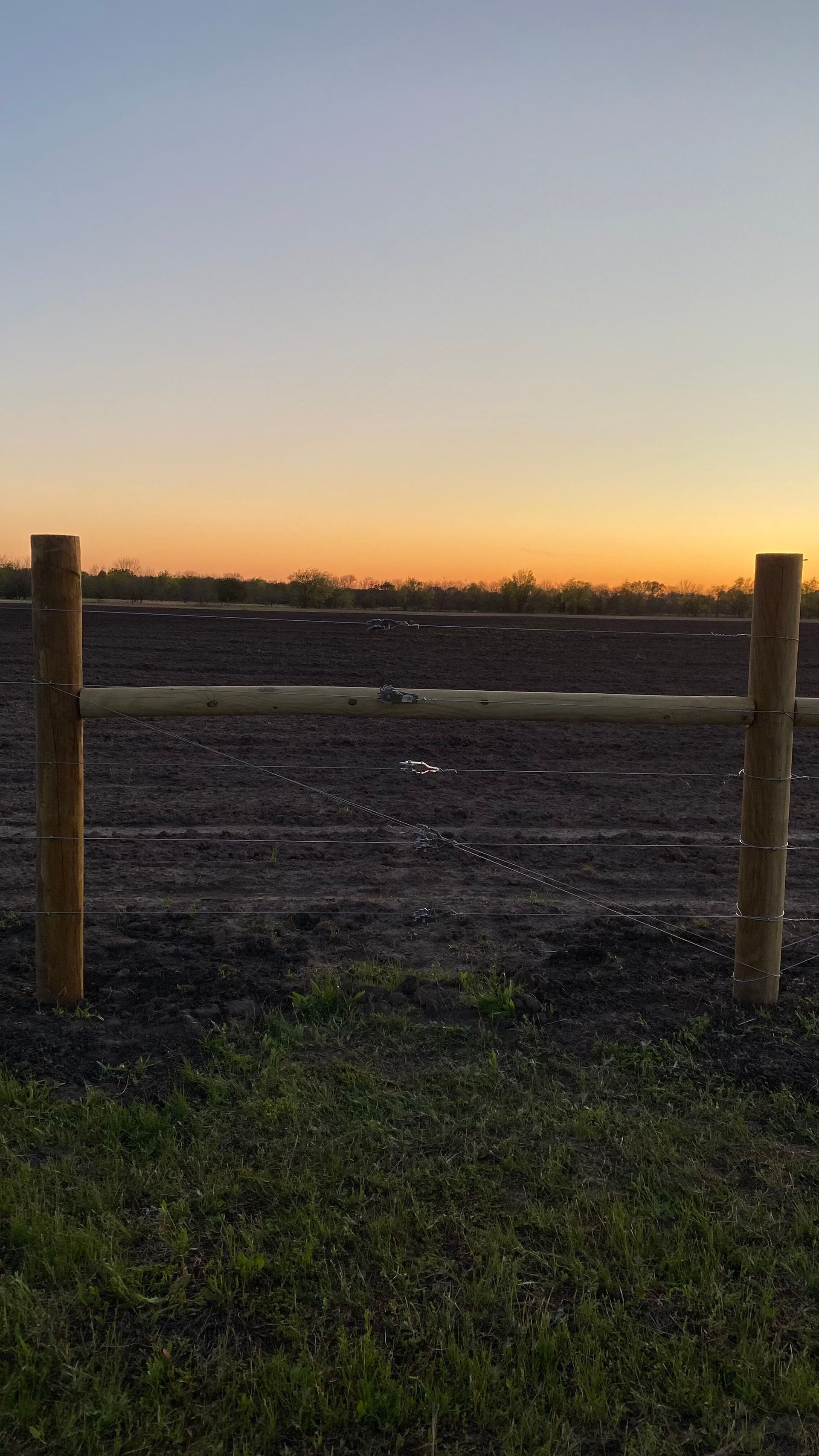A wooden fence surrounds a field at sunset.