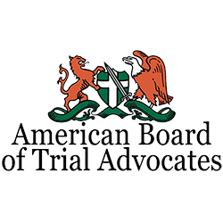 Emblem of American Board of Trial Advocates with a lion, eagle, sword, and shield. Text reads