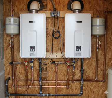 Two white tankless water heaters mounted on a wood wall with copper and black pipes, and expansion tanks.