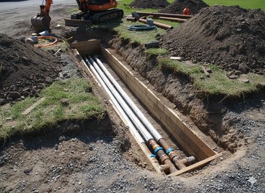 Trench with white pipes laid inside a wooden frame, soil around the edges, an excavator in the background.