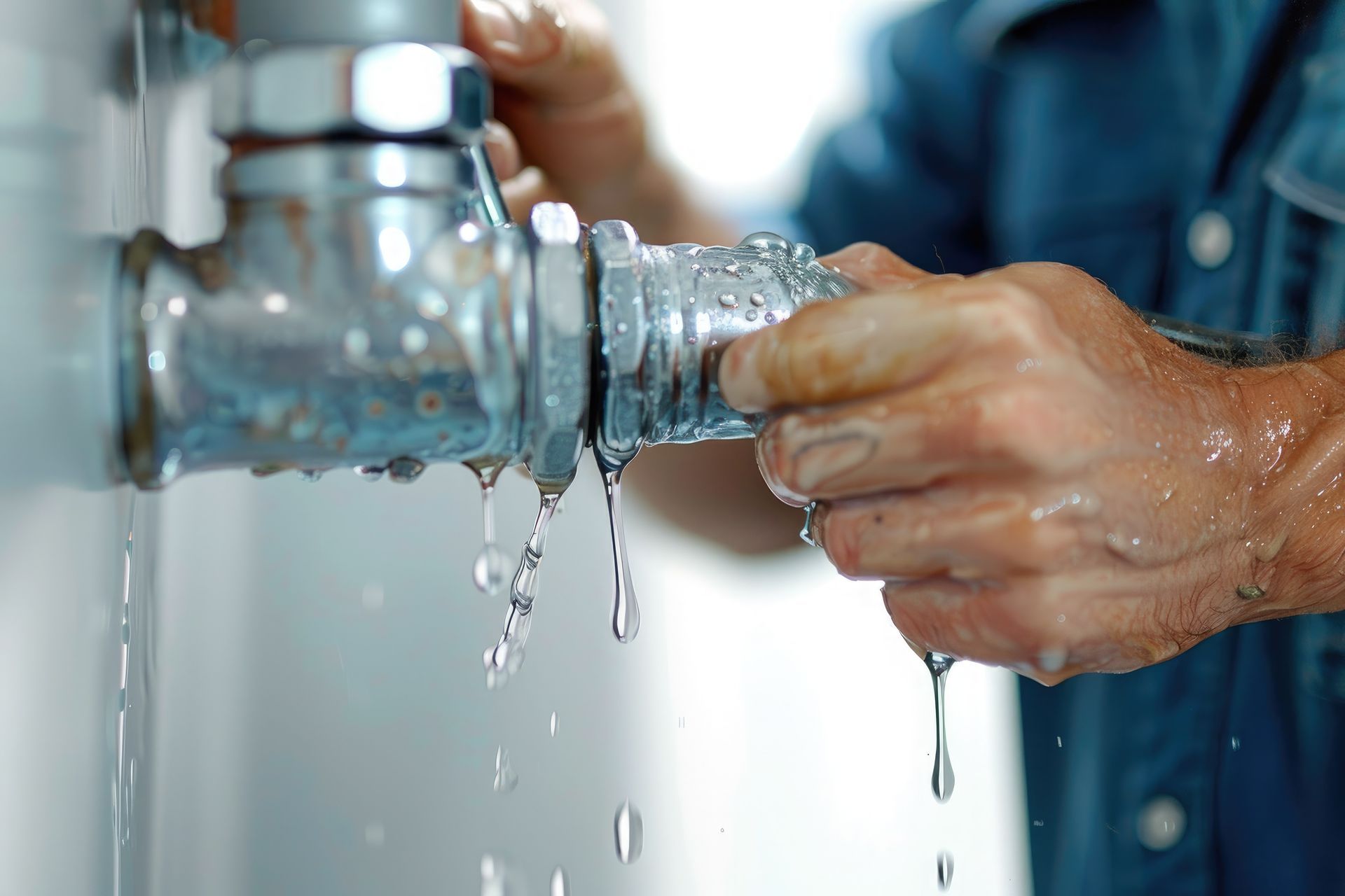 Close-up of a leaking pipe being repaired, highlighting professional emergency plumbing services.