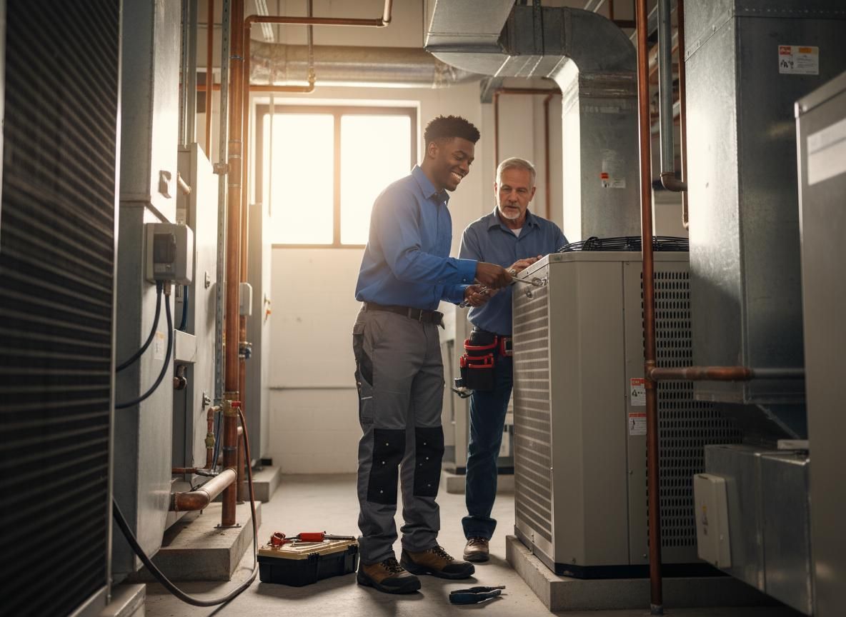 Two technicians inspecting HVAC equipment in a mechanical room with ducts, windows, and tools.
