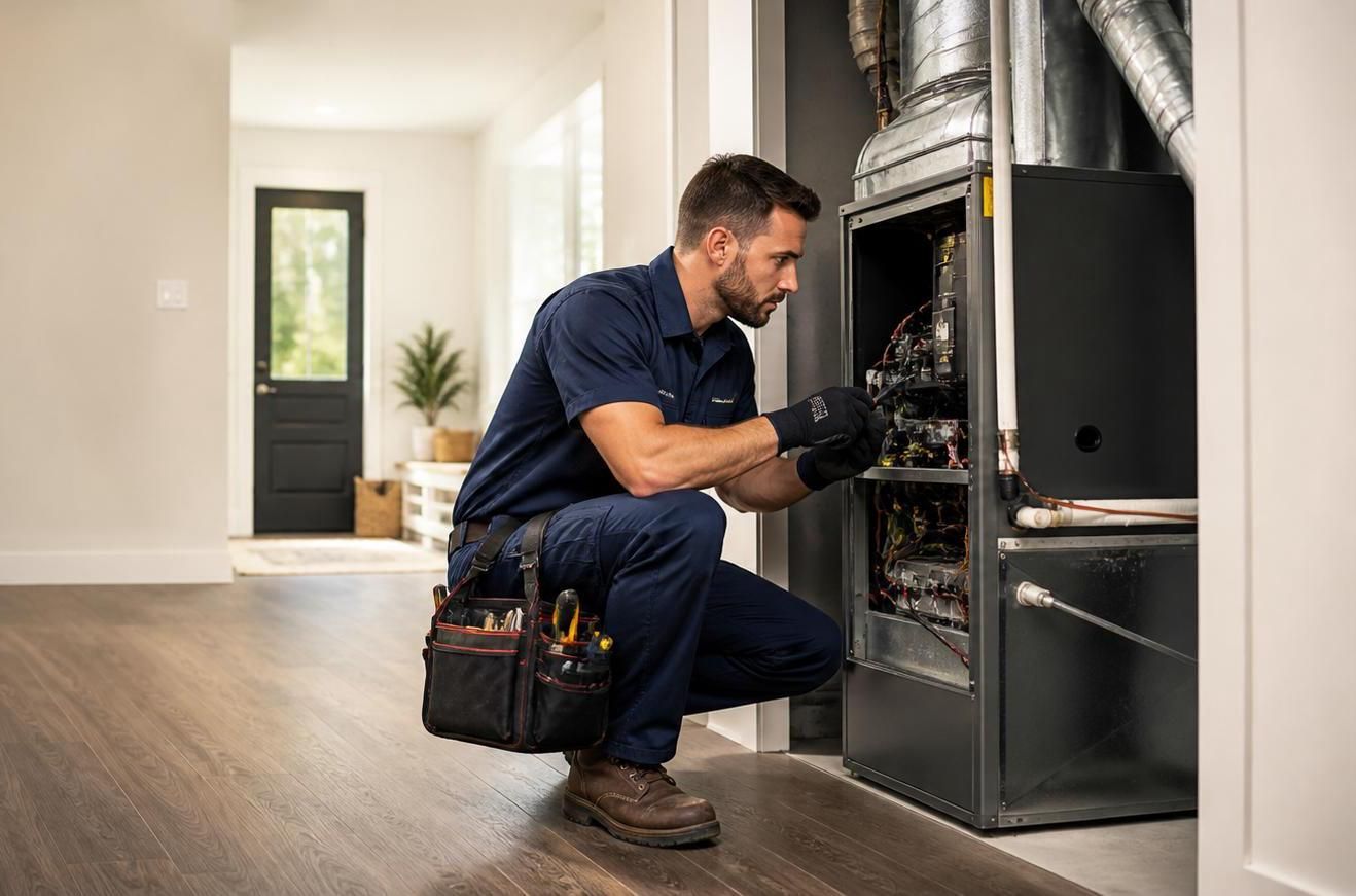 Technician kneeling by an open furnace, inspecting HVAC equipment in a home hallway.