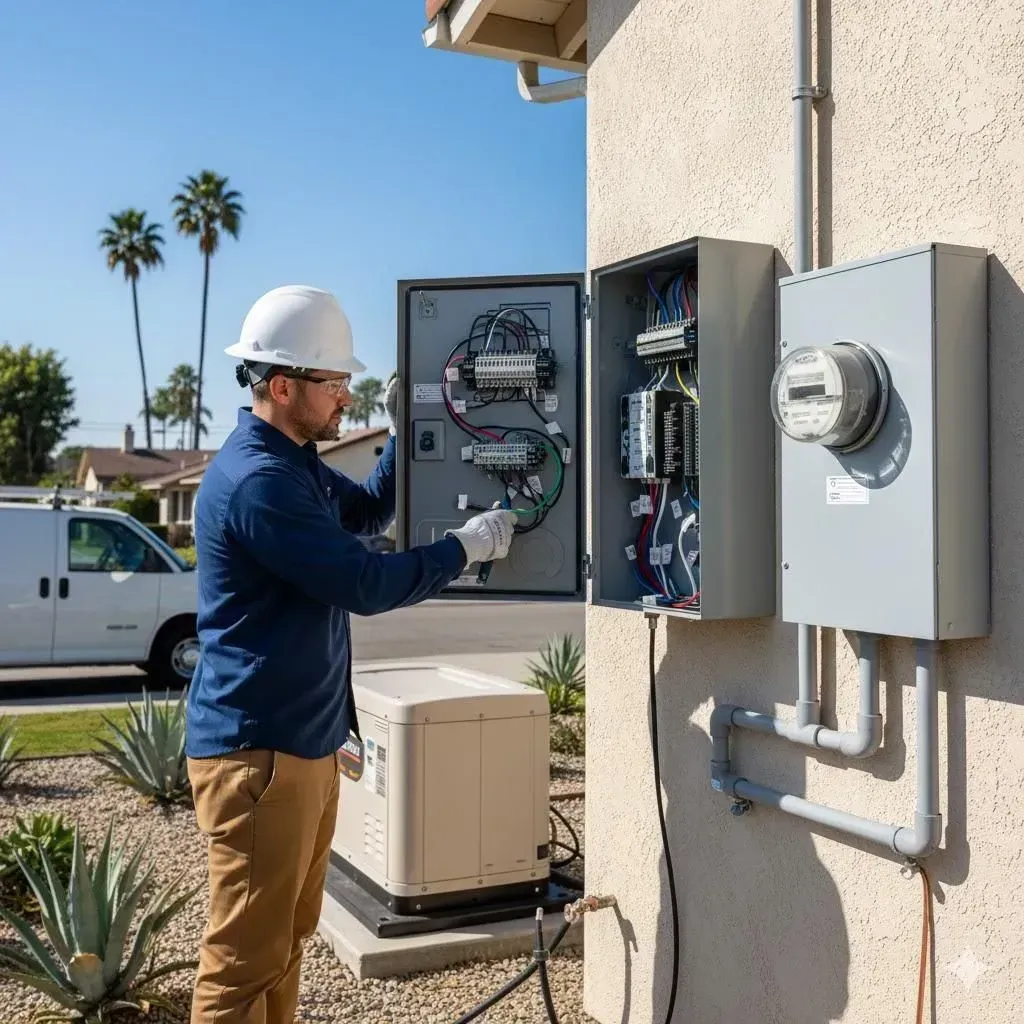 Technician inspecting outdoor electrical panels beside a house