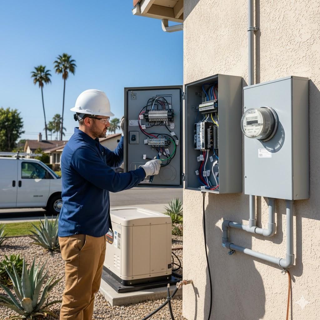 Technician inspecting outdoor electrical panels beside a house