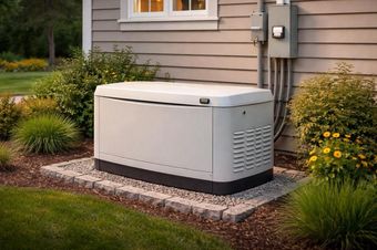 White backup generator beside a house, set on a gravel pad in a landscaped yard