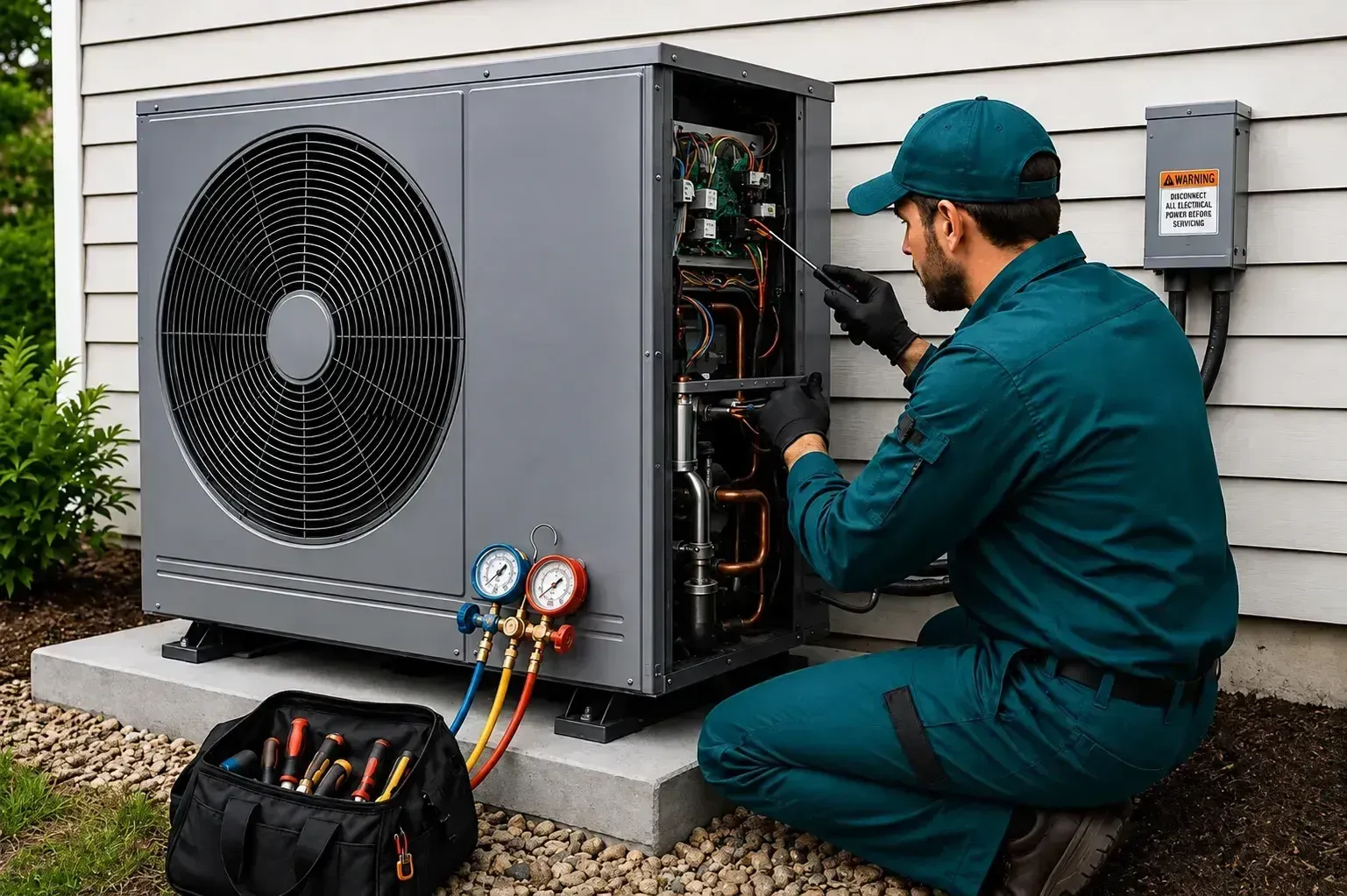 Technician servicing outdoor HVAC unit with gauges and tools beside a house