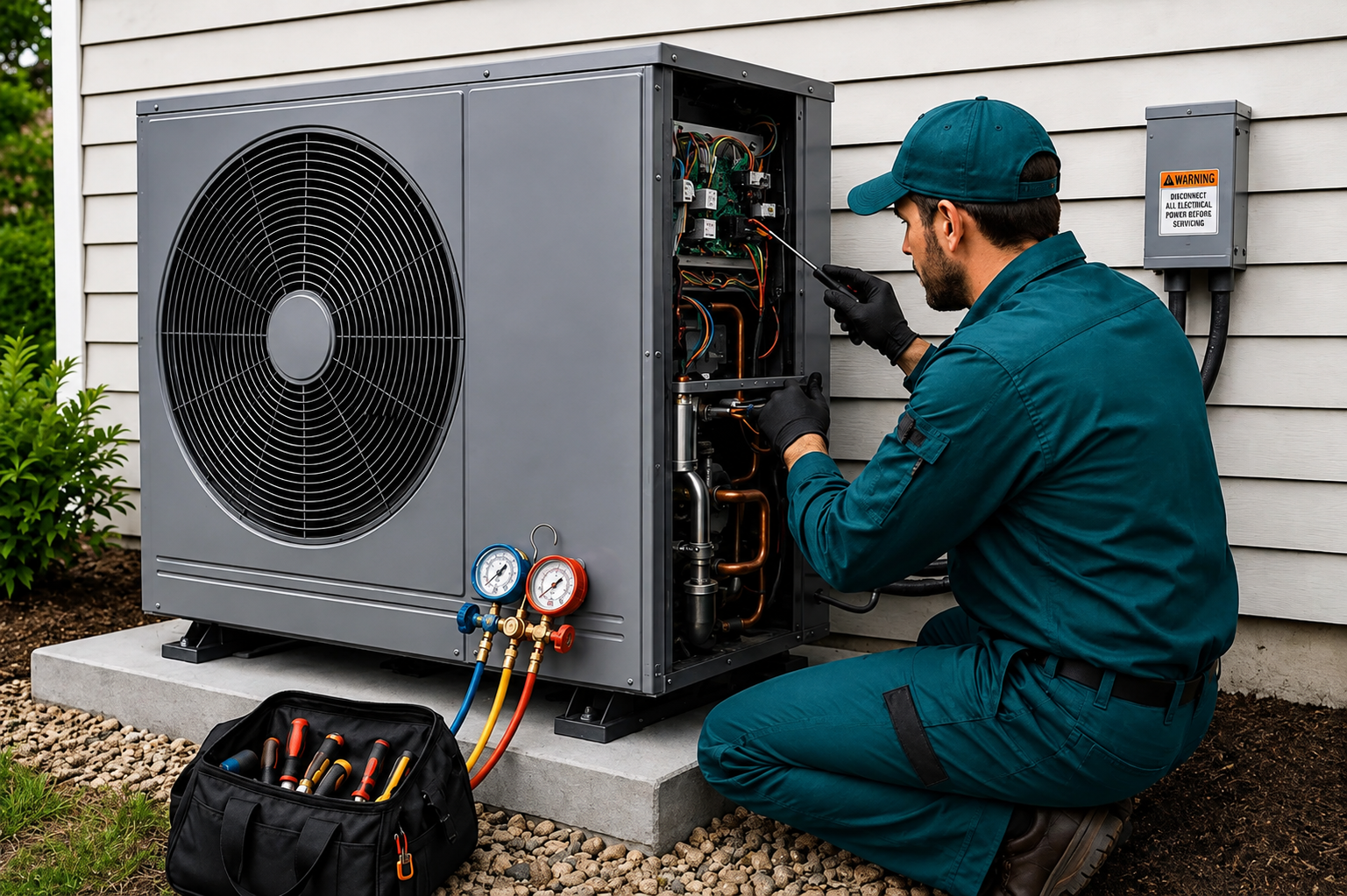 Technician servicing outdoor HVAC unit with gauges and tools beside a house