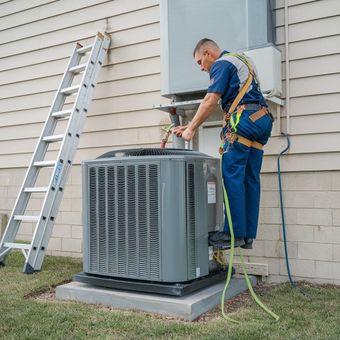 Technician servicing an outdoor air conditioner beside a house, with a ladder nearby.