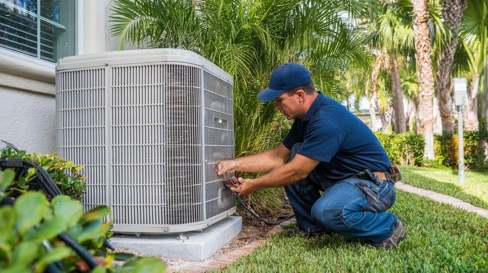 Technician in blue uniform servicing an outdoor air conditioner beside a house