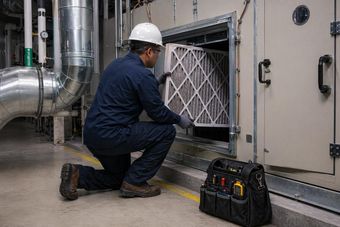 Technician kneeling beside industrial HVAC unit, inspecting a vent with tools on the floor.