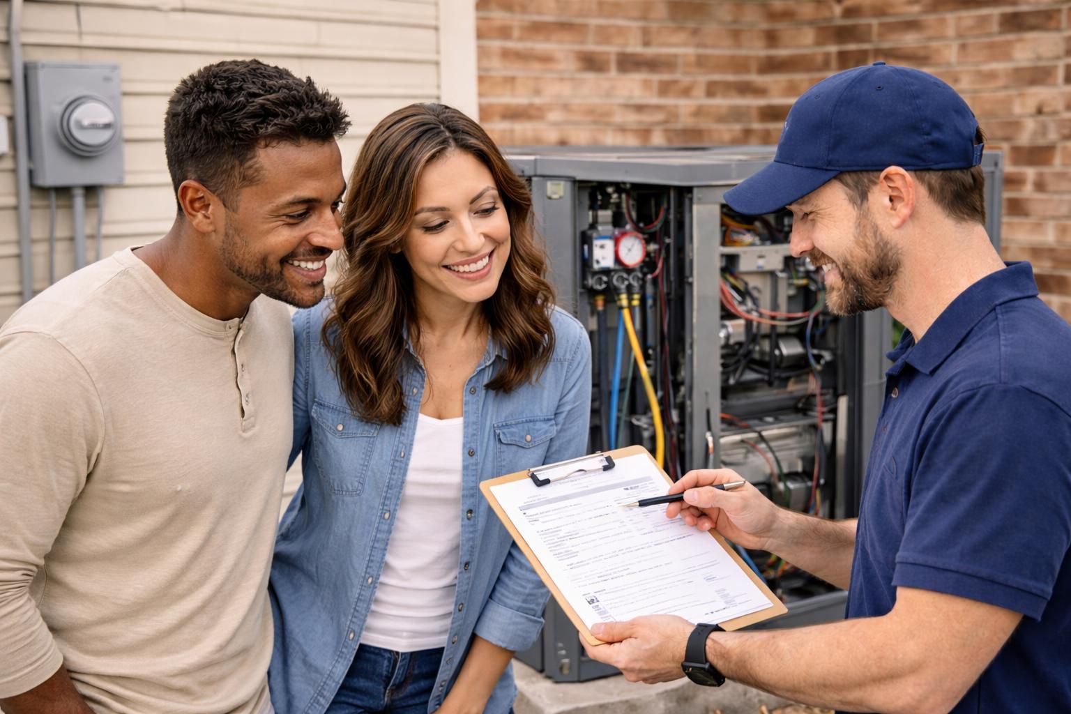 Technician showing a clipboard to two smiling customers beside outdoor HVAC equipment