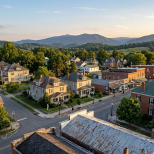Aerial view of a quiet neighborhood with houses, streets, trees, and mountains at sunset