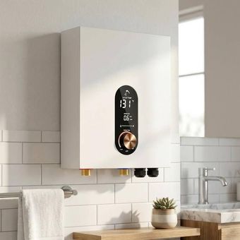 Modern white wall-mounted boiler with digital display in a bright tiled kitchen.
