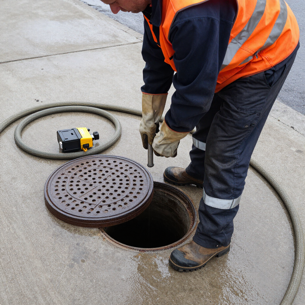 Worker in orange vest opens a manhole on a concrete surface with a tool and inspection equipment nearby