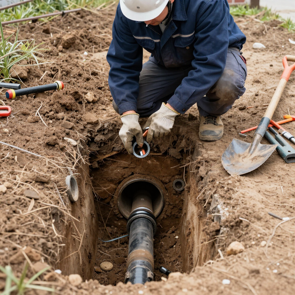 Worker repairing an underground pipe in a dirt trench, using tools at the site.