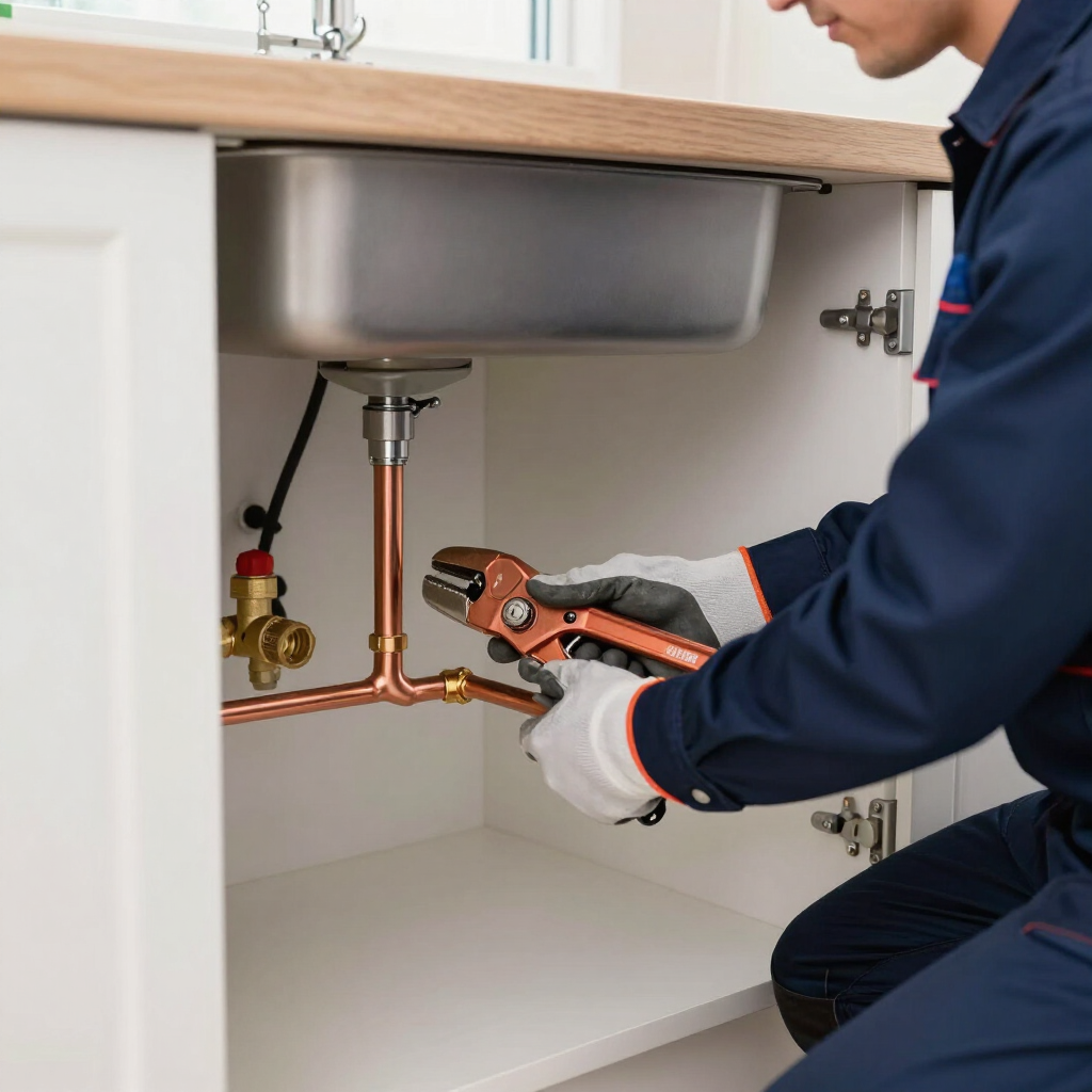 Plumber tightening pipes under a kitchen sink with adjustable wrench and gloves
