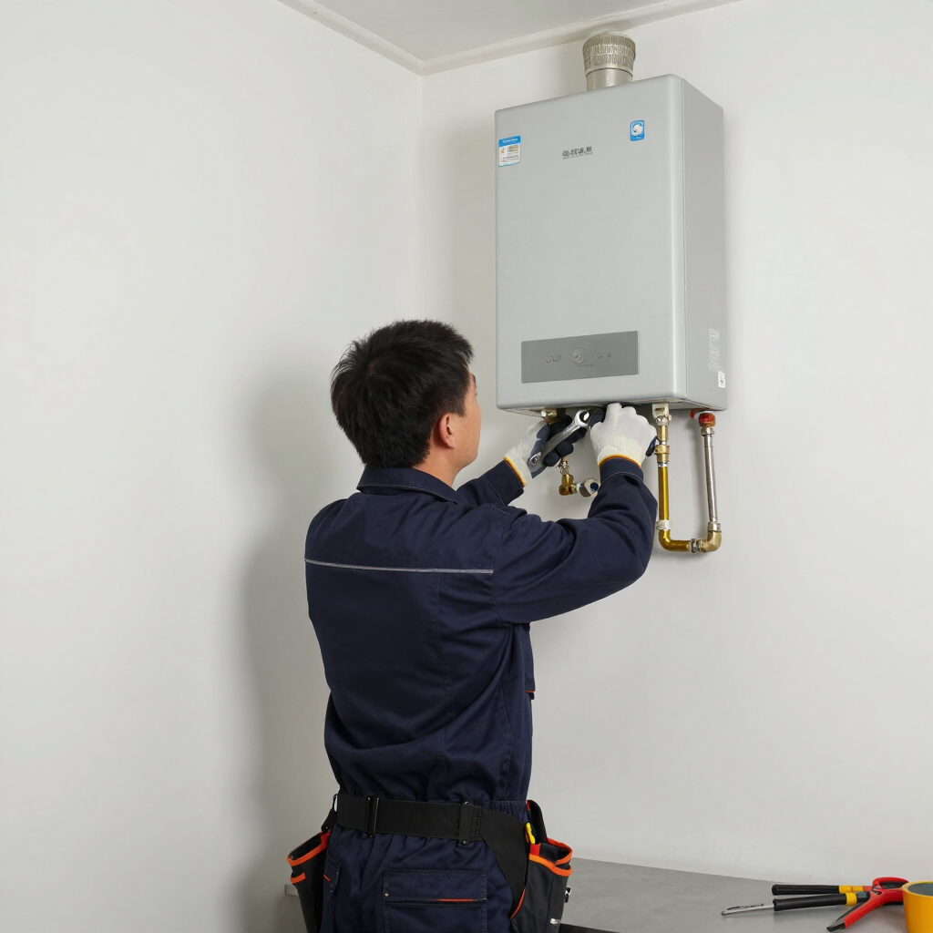 Technician inspecting a wall-mounted boiler in a white room, using tools and gloves.