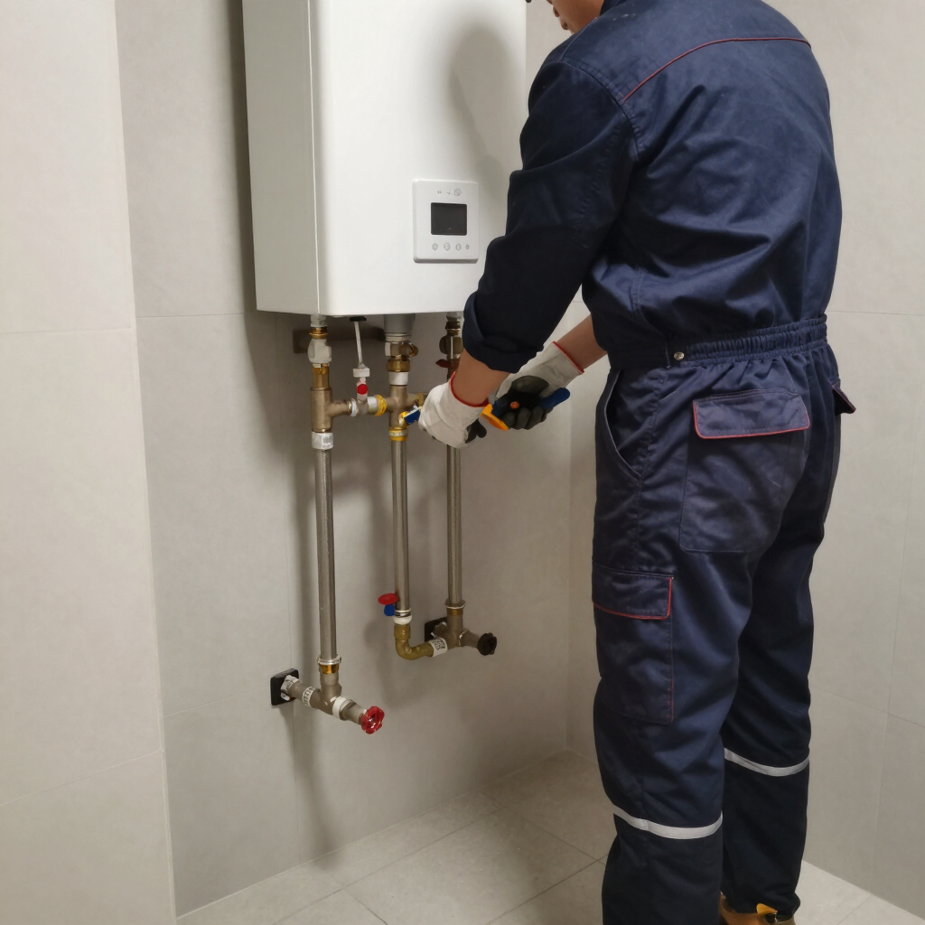 Technician adjusting pipes and valves beneath a white wall-mounted boiler in a utility room