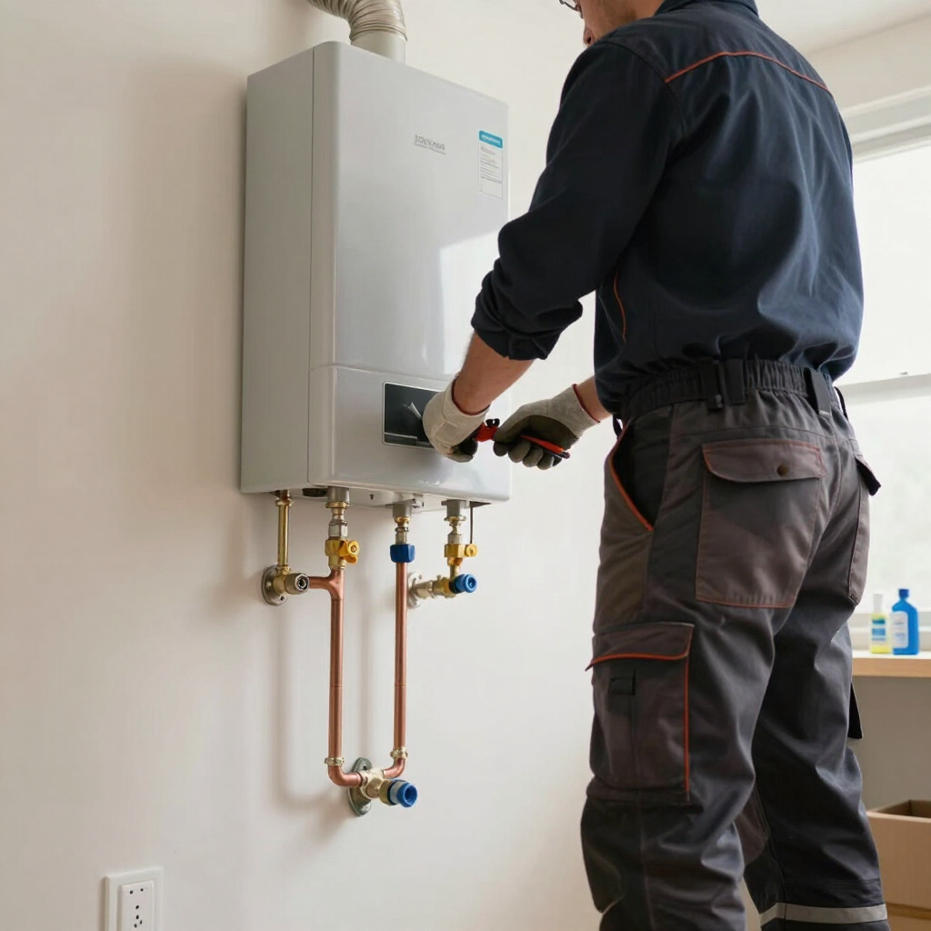 Technician installing a wall-mounted boiler with copper pipes in a home utility room