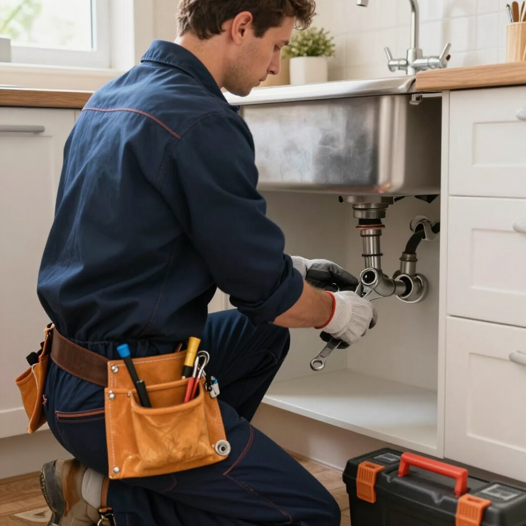 Plumber repairing a kitchen sink drain under the counter, wearing blue coveralls and tool belt