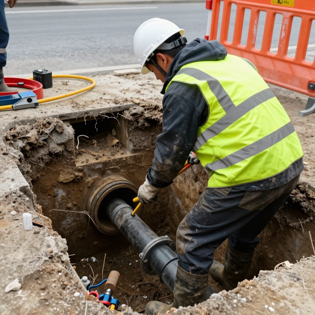 Worker in a hard hat and reflective vest repairing a broken underground pipe in a trench