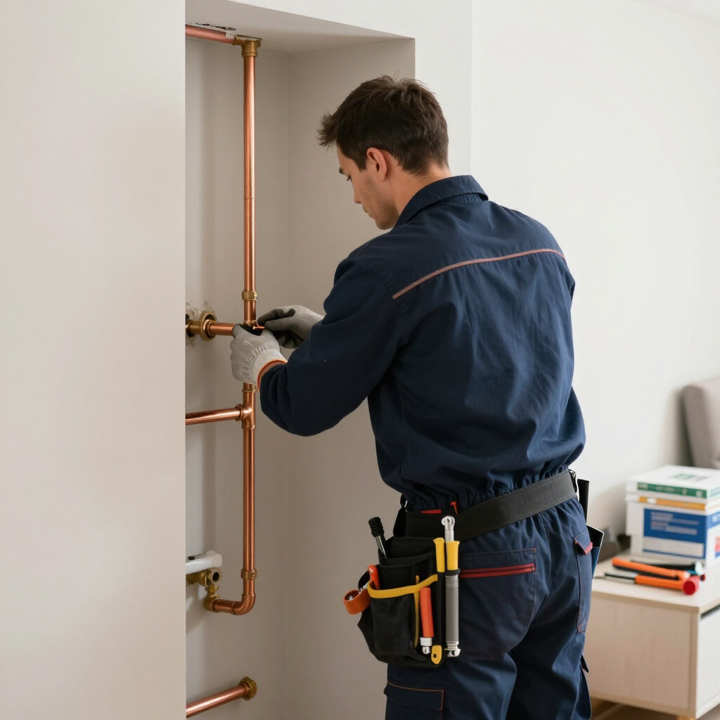 Plumber working on copper pipes inside a wall alcove, wearing a dark work uniform and tool belt.