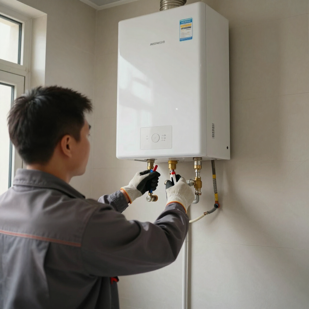 Technician inspecting a wall-mounted boiler with tools in a small indoor utility room