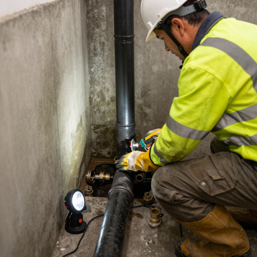 Worker in a hard hat inspecting underground pipes in a narrow concrete utility trench.