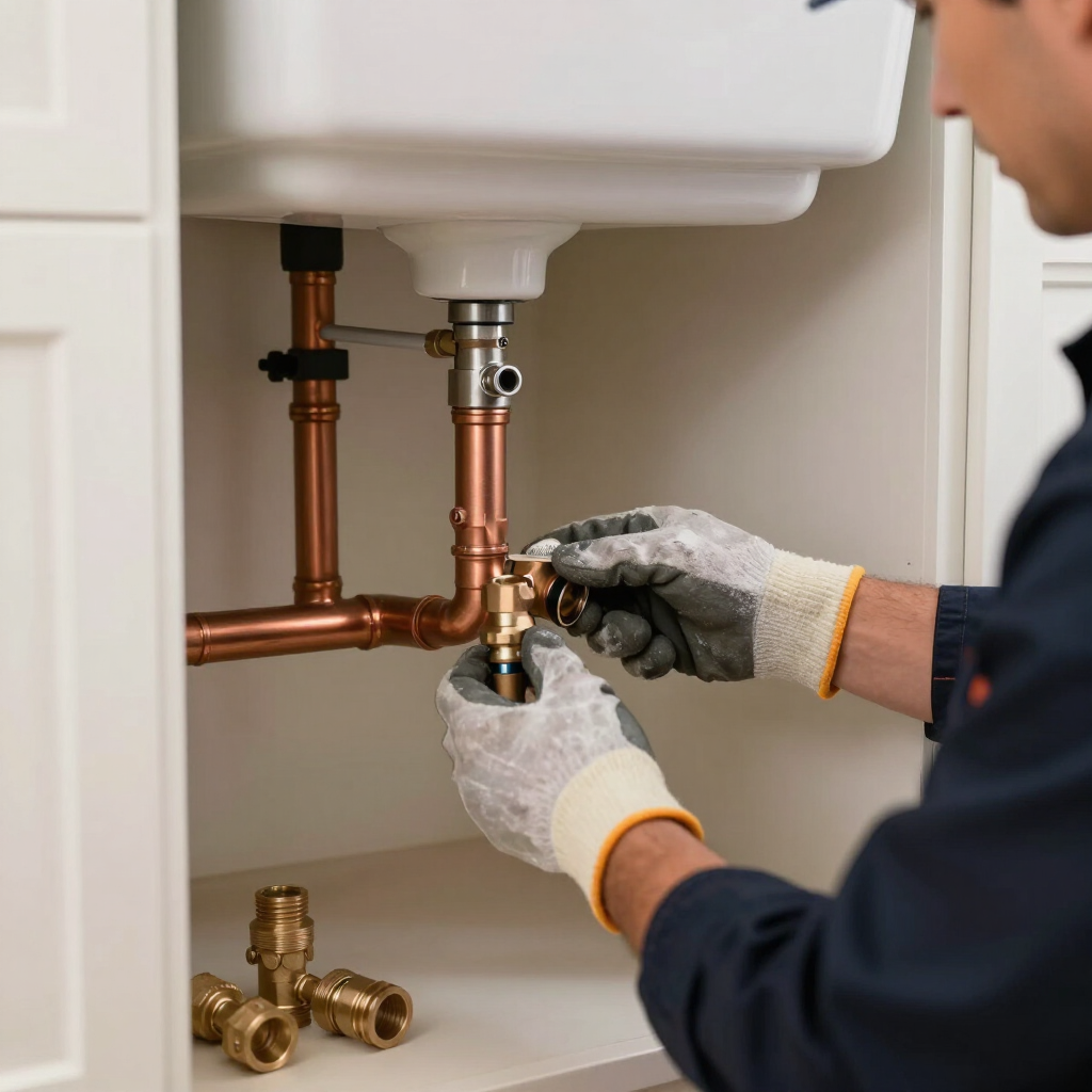 Plumber tightening a brass pipe under a sink with copper plumbing visible in a cabinet.