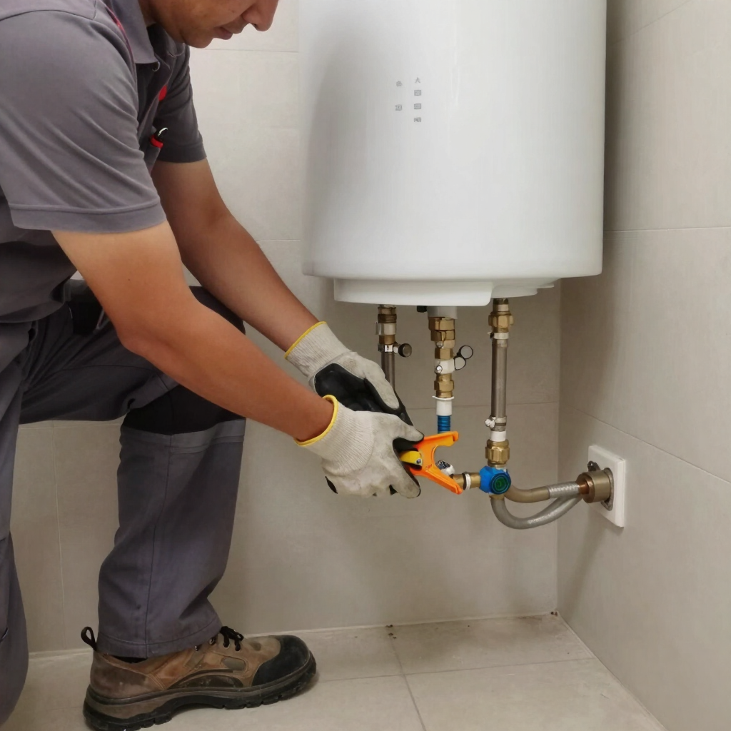 Technician using orange wrench to adjust plumbing under a white water heater
