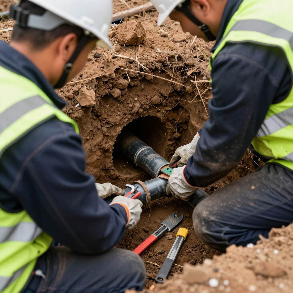 Utility workers repairing a broken underground pipe in a muddy trench with tools and hard hats