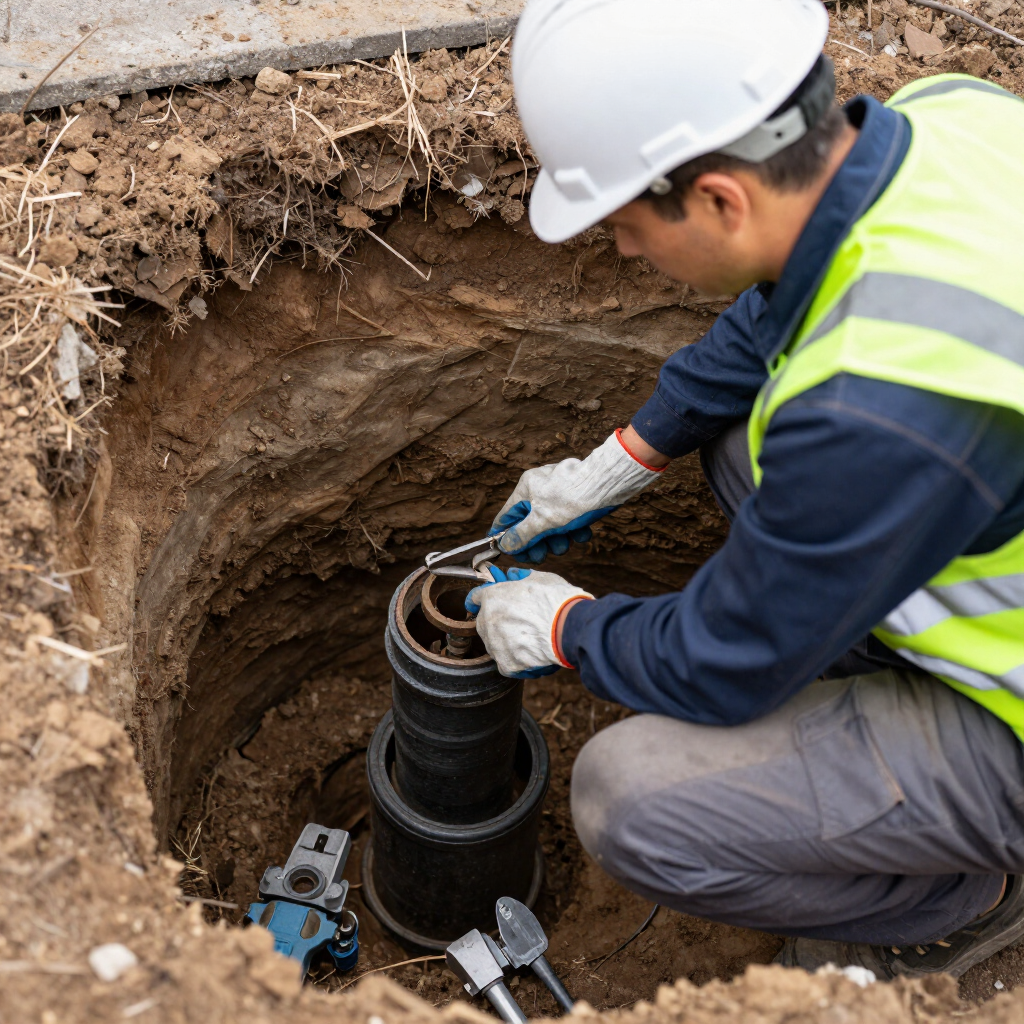 Utility worker in a hard hat repairing pipes in a dirt excavation pit
