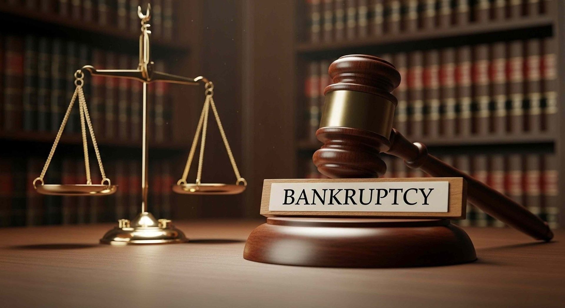 Gavel and scales beside a “BANKRUPTCY” plaque on a desk, with law books in the background.
