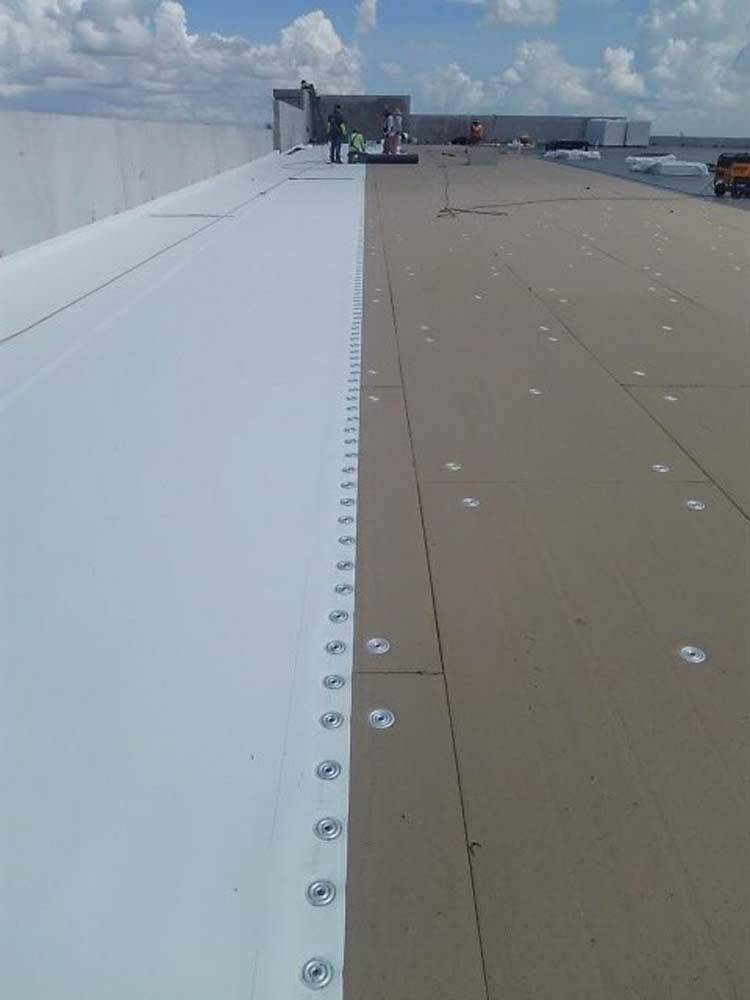 A view of workers installing white roofing membrane, secured with metal fasteners along a seam on a flat rooftop.