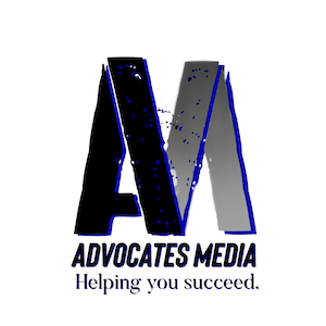 Logo for Advocates Media: Bold “AM” in black/gray, blue accents, text 