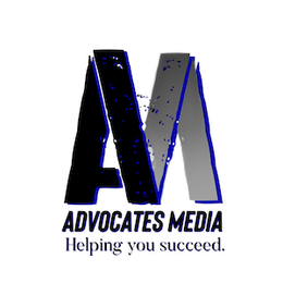 Logo for Advocates Media: Bold “AM” in black/gray, blue accents, text