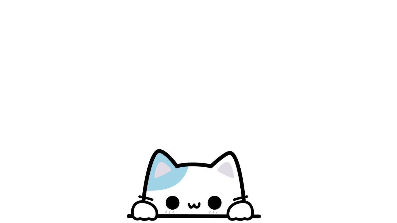 A white cat with blue spots peeks over a black line.