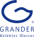 A blue and white logo for a company called grander.