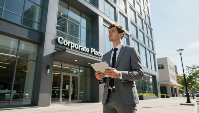 Manager reviews documents outside an office building while providing property management in Addis Ababa for businesses.