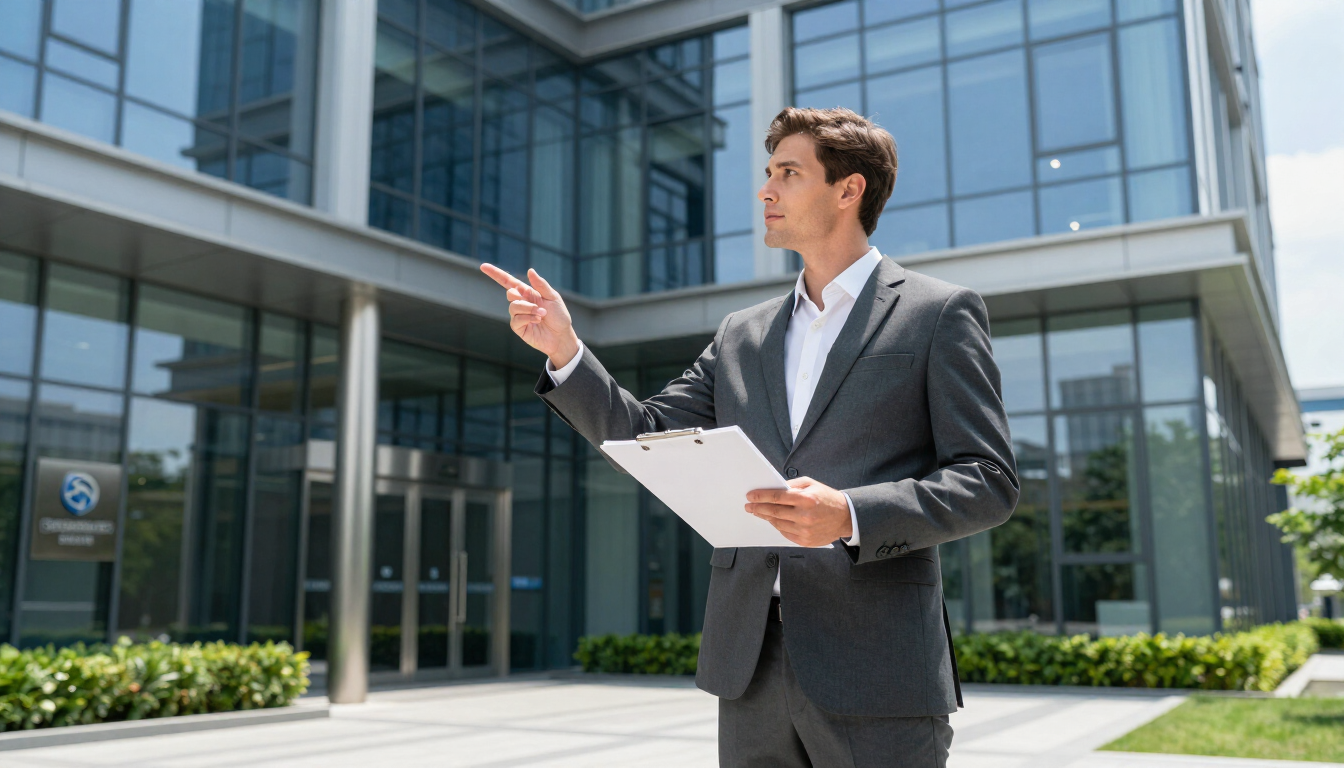 Property manager reviews documents outside an office during property management in Addis Ababa for commercial buildings.