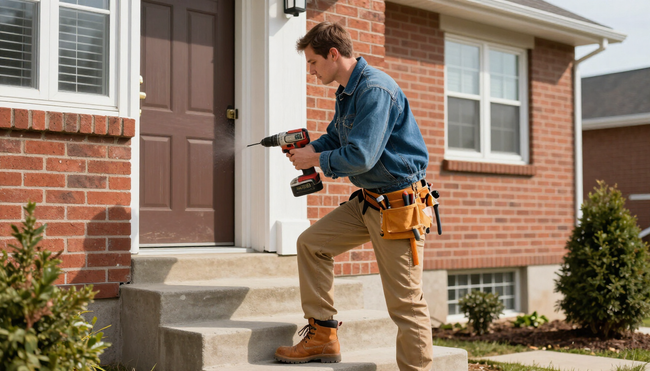 Technician repairs an exterior brick wall during property management in Addis Ababa to maintain a residential property.