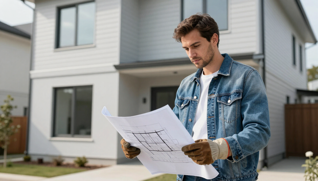 Manager reviews plans outside a modern home while providing property management in Addis Ababa for residential owners.