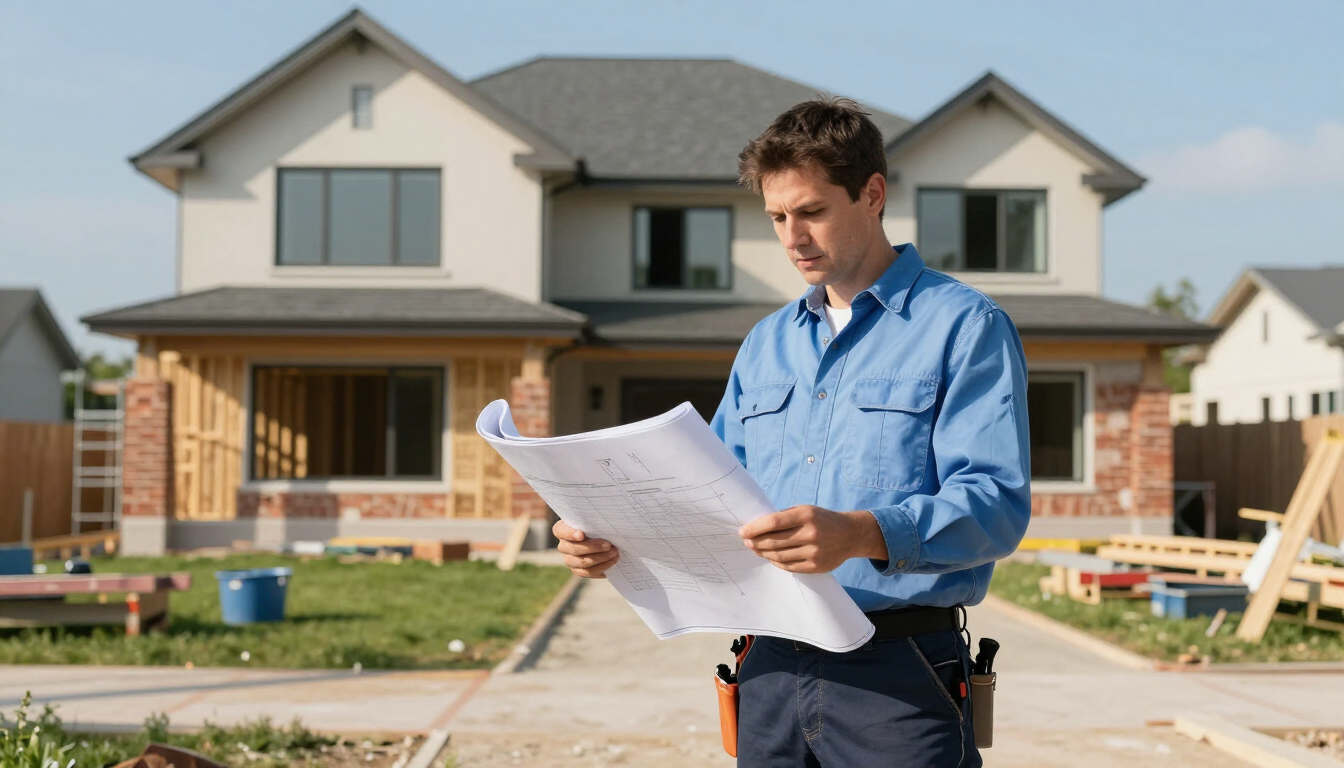 Manager reviews plans outside a new home while providing property management in Addis Ababa for residential properties.